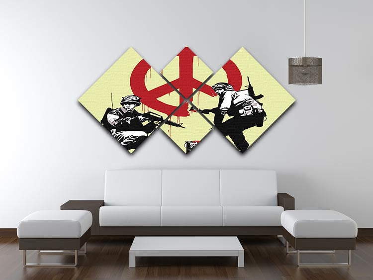 Banksy Soldiers Painting featuring CND sign in yellow, displayed as a 4-square multi-panel canvas artwork.